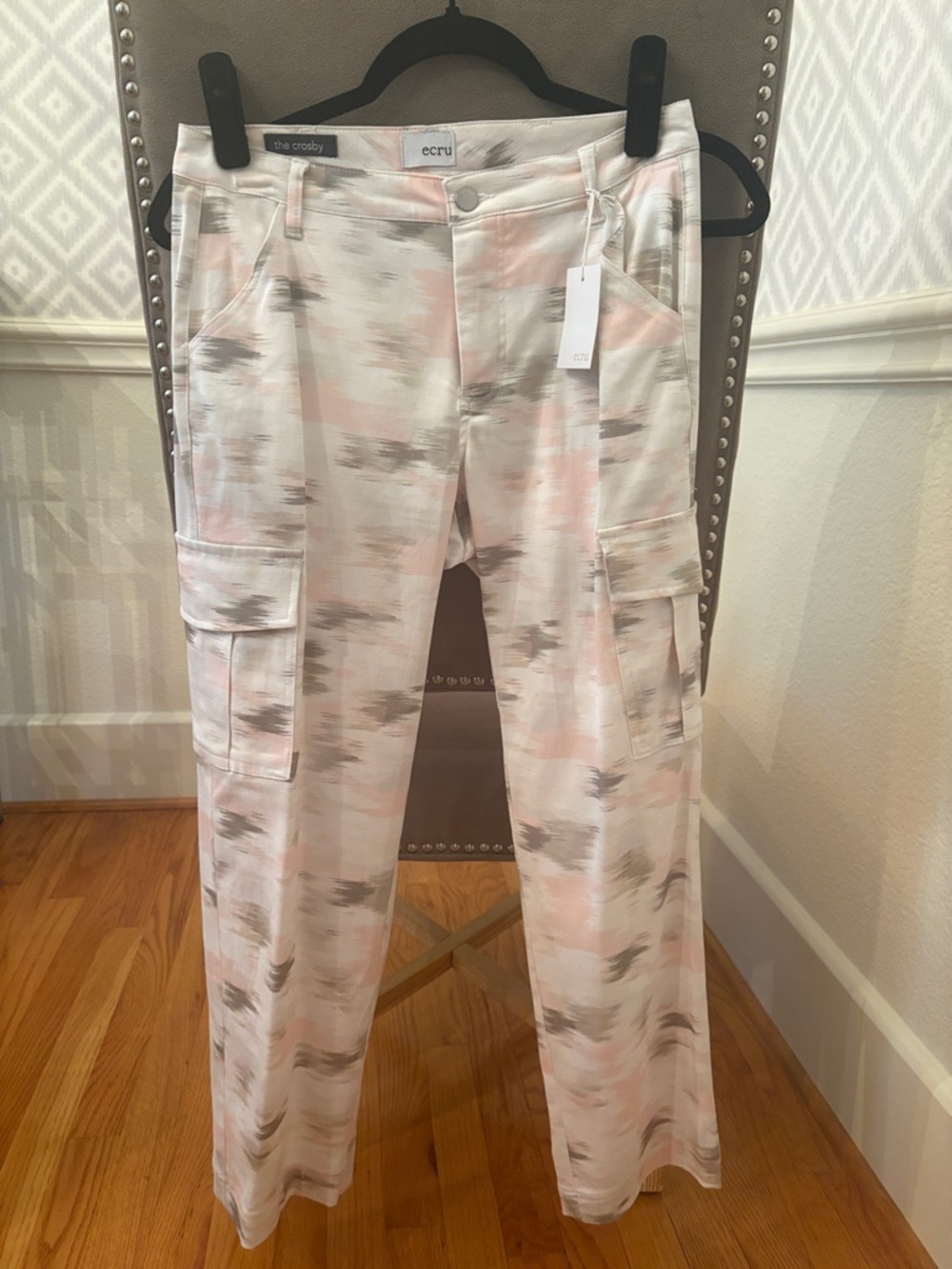 ecru Pink and Gray Wide-Leg Cargo Pants